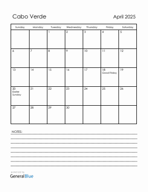Current month calendar with Cabo Verde holidays for April 2025