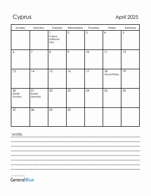 Current month calendar with Cyprus holidays for April 2025