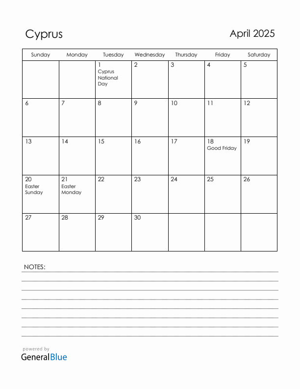 April 2025 Cyprus Calendar with Holidays (Sunday Start)