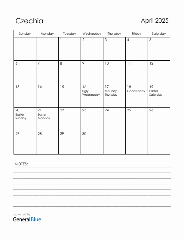 April 2025 Czechia Calendar with Holidays (Sunday Start)