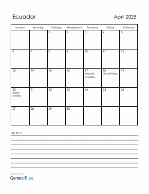 Current month calendar with Ecuador holidays for April 2025