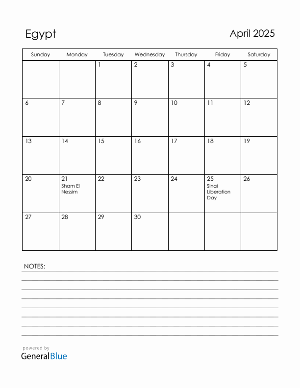 April 2025 Egypt Calendar with Holidays (Sunday Start)