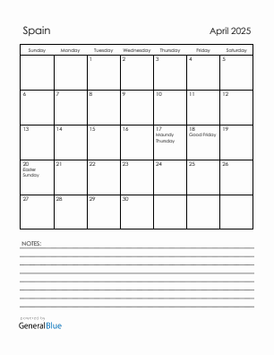 Current month calendar with Spain holidays for April 2025