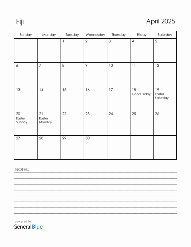 April 2025 Fiji Calendar with Holidays (Sunday Start)