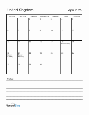 Current month calendar with United Kingdom holidays for April 2025
