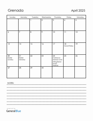 Current month calendar with Grenada holidays for April 2025