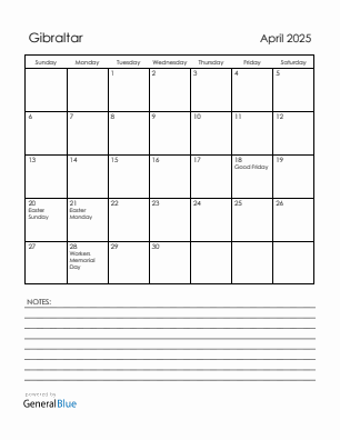 Current month calendar with Gibraltar holidays for April 2025