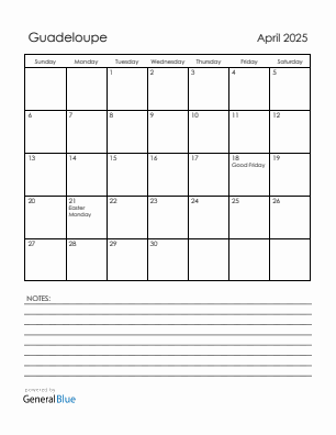 Current month calendar with Guadeloupe holidays for April 2025