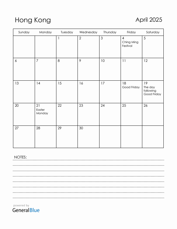 April 2025 Hong Kong Calendar with Holidays (Sunday Start)