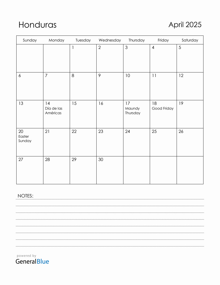 April 2025 Honduras Calendar with Holidays