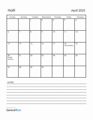 Current month calendar with Haiti holidays for April 2025