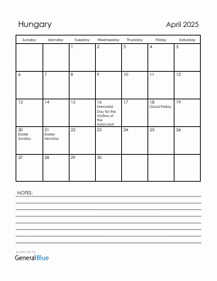 Current month calendar with Hungary holidays for April 2025