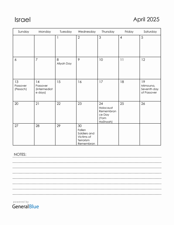 April 2025 Israel Calendar with Holidays (Sunday Start)