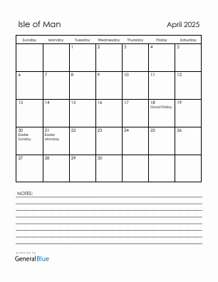 Current month calendar with Isle of Man holidays for April 2025