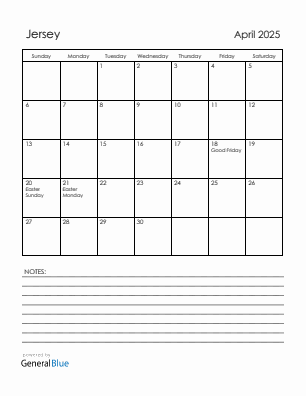Current month calendar with Jersey holidays for April 2025