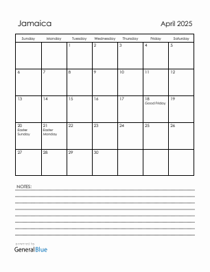 Current month calendar with Jamaica holidays for April 2025