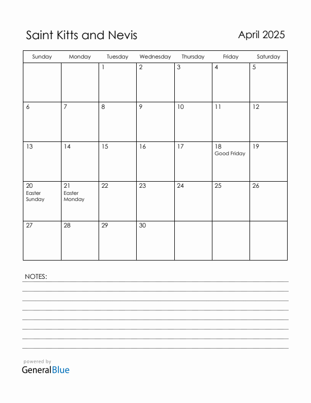 April 2025 Saint Kitts and Nevis Calendar with Holidays (Sunday Start)