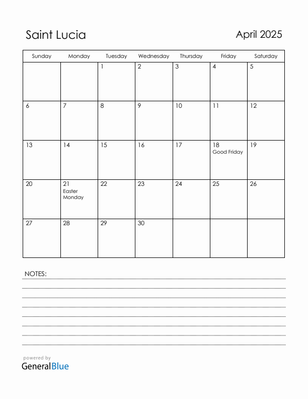 April 2025 Saint Lucia Calendar with Holidays (Sunday Start)