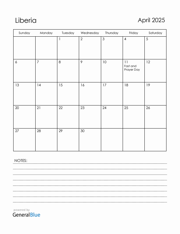 April 2025 Liberia Calendar with Holidays (Sunday Start)