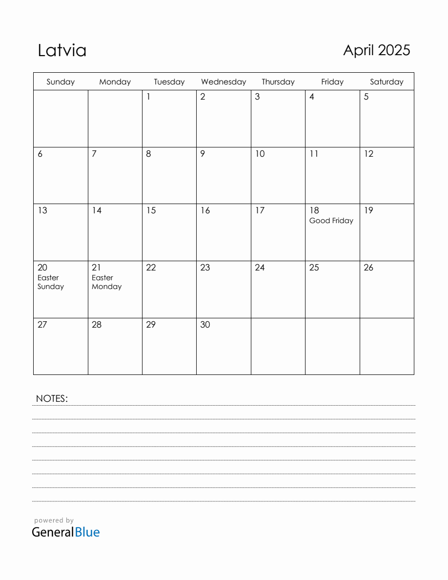 April 2025 Latvia Calendar with Holidays