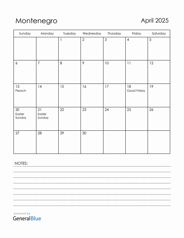 April 2025 Montenegro Calendar with Holidays (Sunday Start)