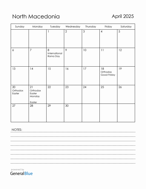 April 2025 North Macedonia Calendar with Holidays (Sunday Start)