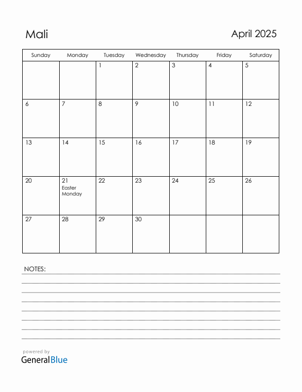 April 2025 Mali Calendar with Holidays (Sunday Start)