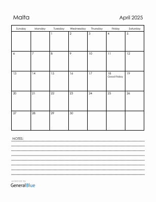 Current month calendar with Malta holidays for April 2025