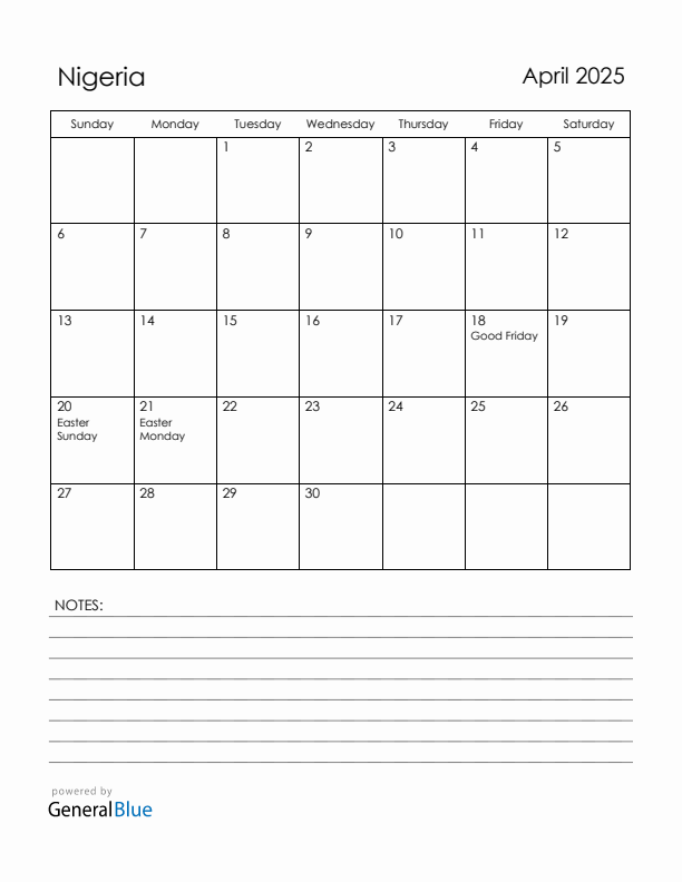April 2025 Nigeria Calendar with Holidays (Sunday Start)