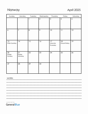 Current month calendar with Norway holidays for April 2025