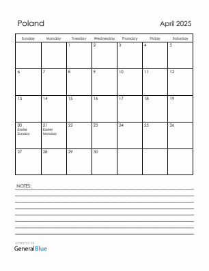 Current month calendar with Poland holidays for April 2025