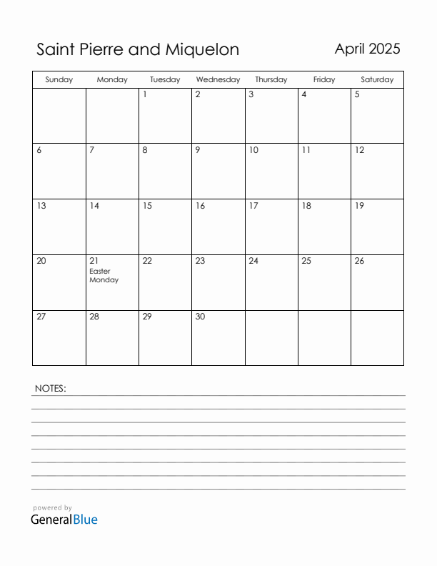 April 2025 Saint Pierre and Miquelon Calendar with Holidays (Sunday Start)
