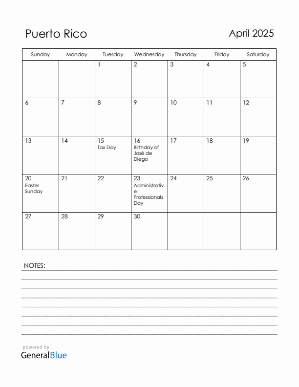 April 2025 Puerto Rico Calendar with Holidays (Sunday Start)