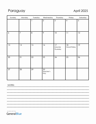 Current month calendar with Paraguay holidays for April 2025