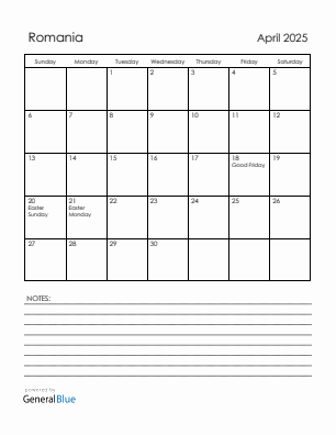 Current month calendar with Romania holidays for April 2025