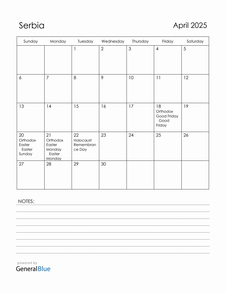 April 2025 Serbia Calendar with Holidays