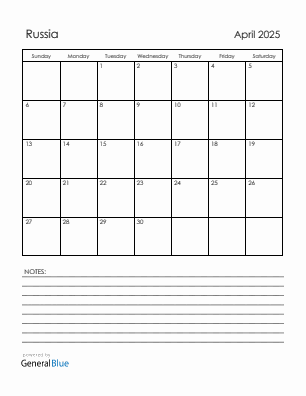 Current month calendar with Russia holidays for April 2025