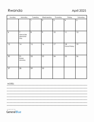 Current month calendar with Rwanda holidays for April 2025