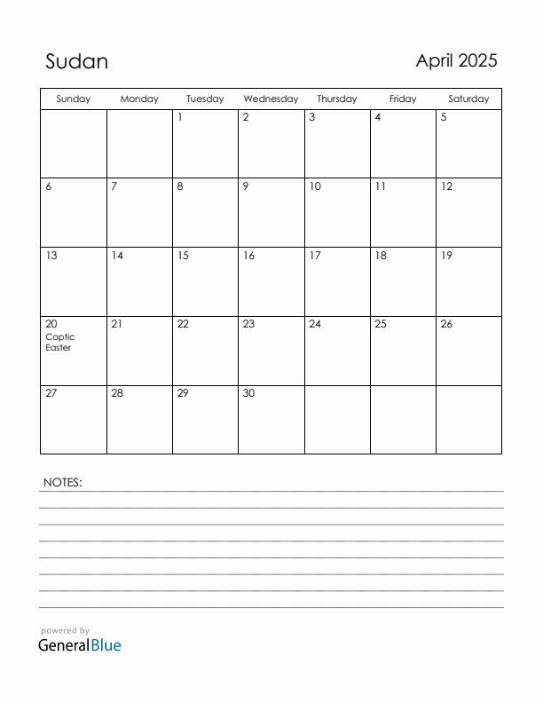 April 2025 Sudan Calendar with Holidays (Sunday Start)