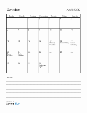 Current month calendar with Sweden holidays for April 2025