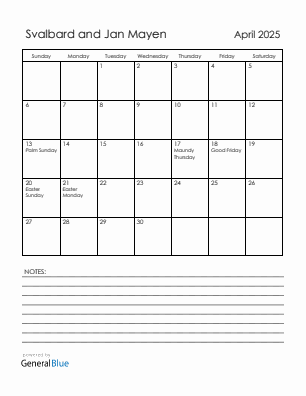 Current month calendar with Svalbard and Jan Mayen holidays for April 2025