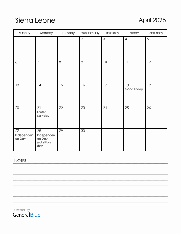 April 2025 Sierra Leone Calendar with Holidays (Sunday Start)