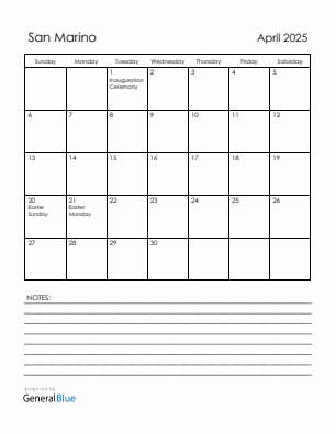 Current month calendar with San Marino holidays for April 2025
