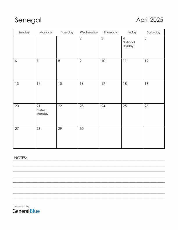 April 2025 Senegal Calendar with Holidays (Sunday Start)