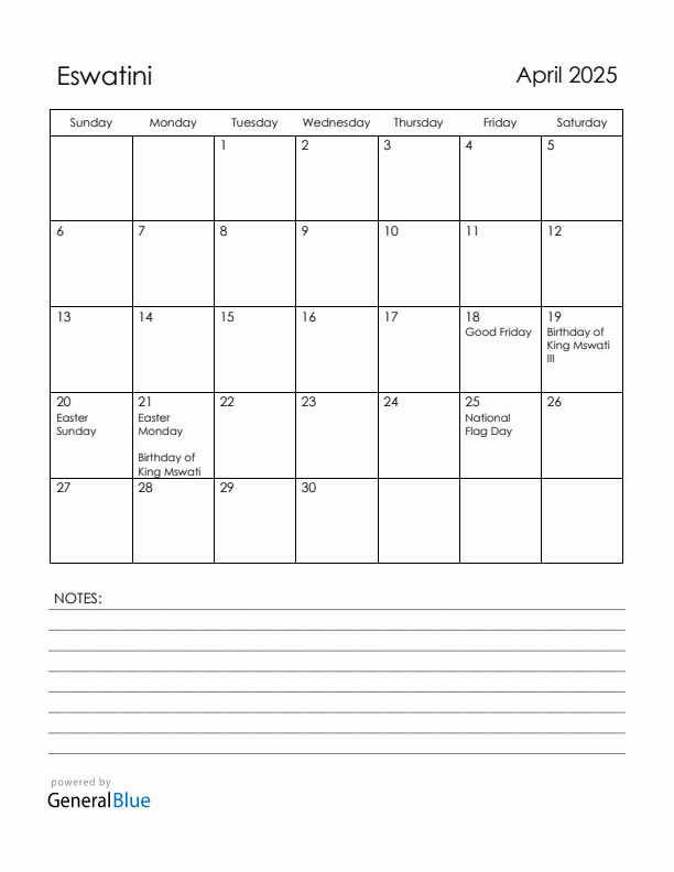 April 2025 Eswatini Calendar with Holidays (Sunday Start)