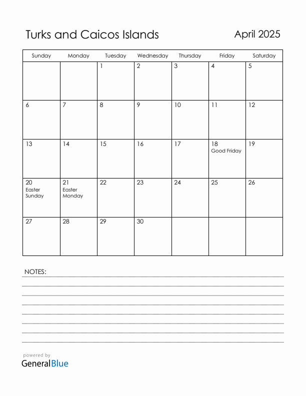 April 2025 Turks and Caicos Islands Calendar with Holidays (Sunday Start)