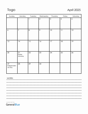Current month calendar with Togo holidays for April 2025