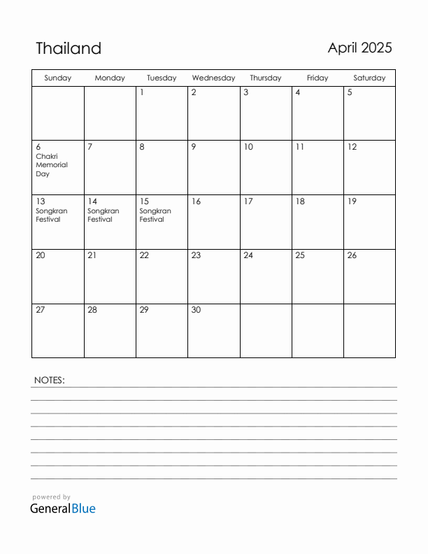 April 2025 Thailand Calendar with Holidays (Sunday Start)