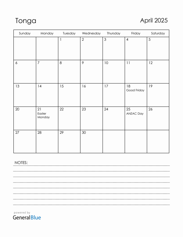 April 2025 Tonga Calendar with Holidays (Sunday Start)