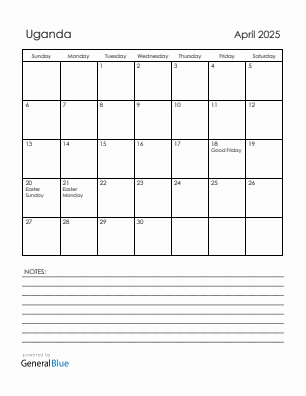 Current month calendar with Uganda holidays for April 2025